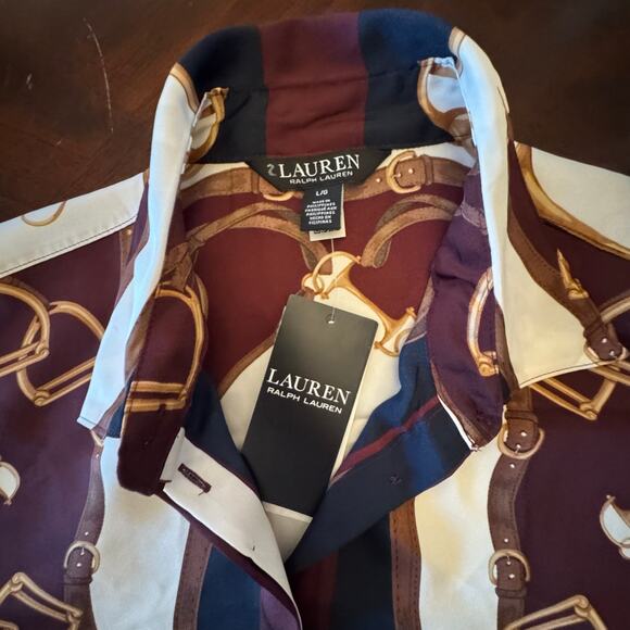 NWT Lauren Ralph Lauren Classic Fit Equestrian-Print Twill Shirt Large Blouse - Picture 5 of 11